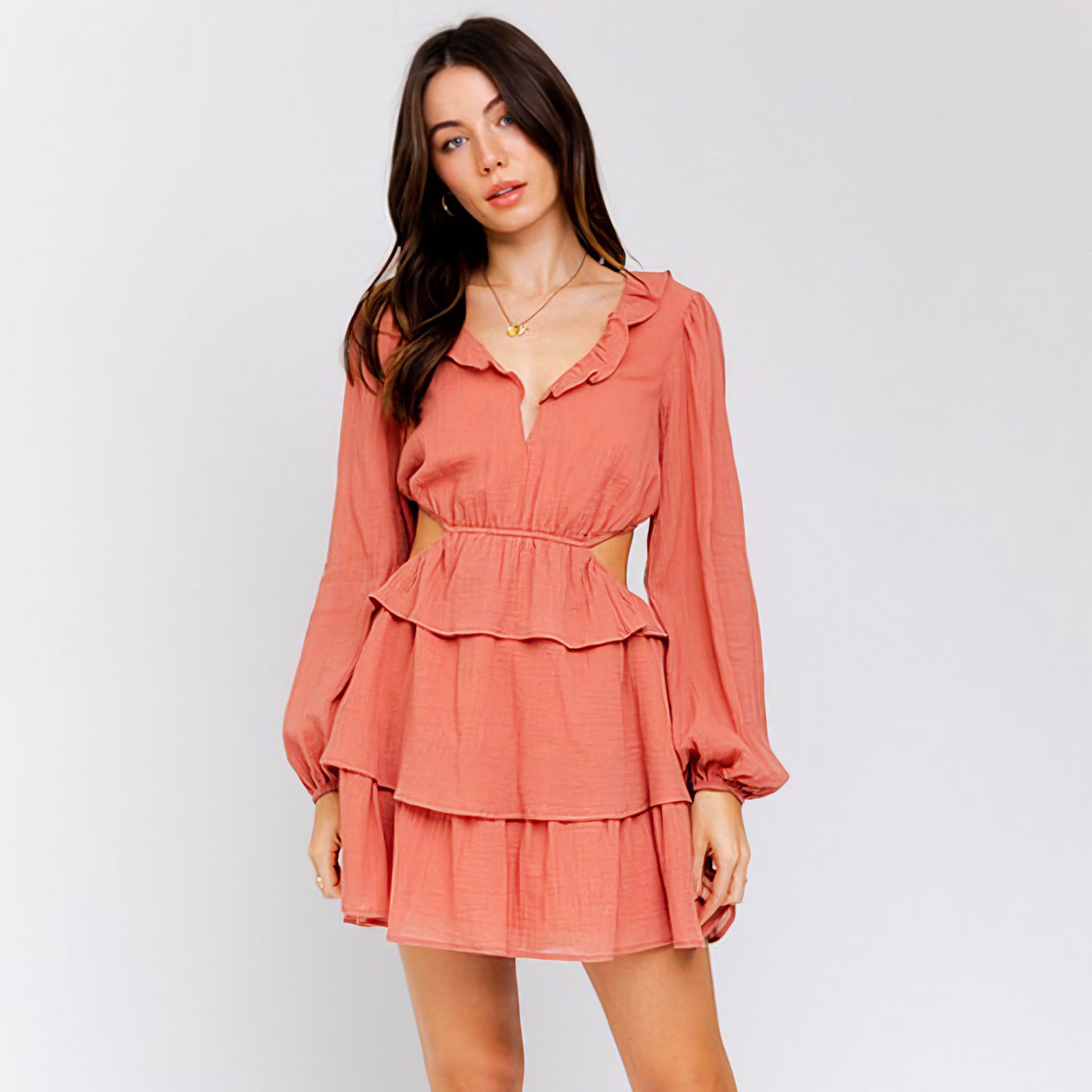 Ruffle Neckline Cut Out Dress
