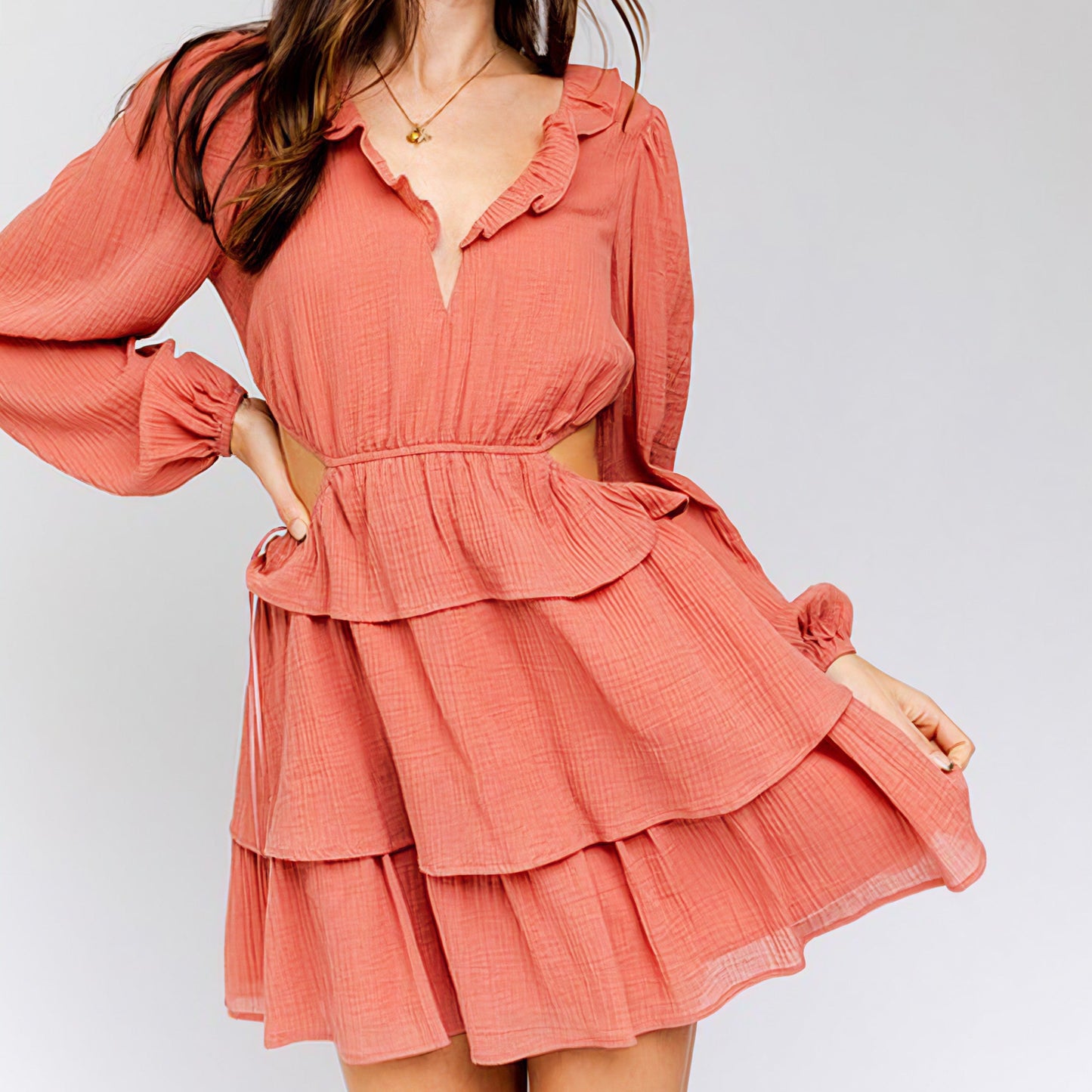 Ruffle Neckline Cut Out Dress
