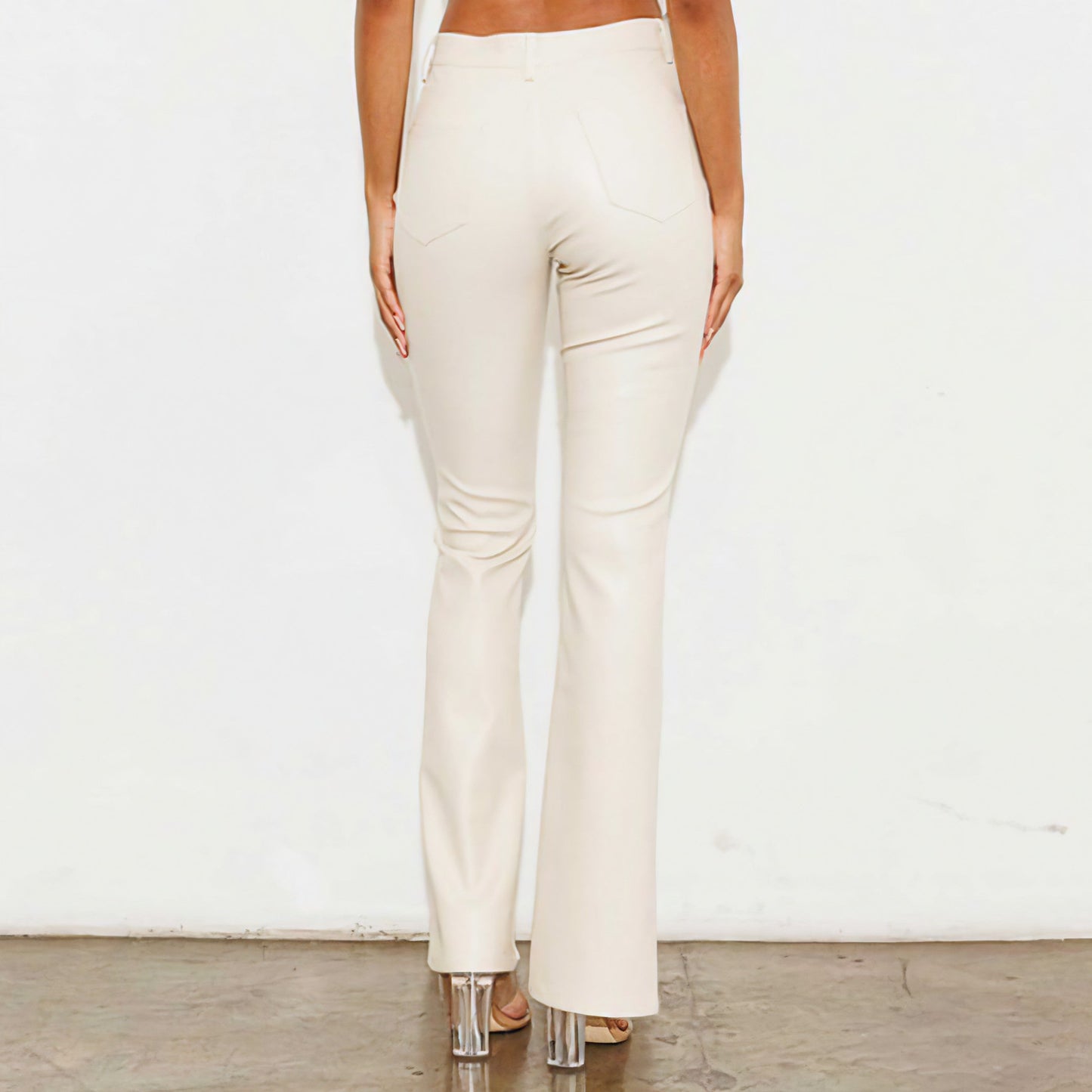 Vegan Leather Front Slit Bootcut Pants - Cream