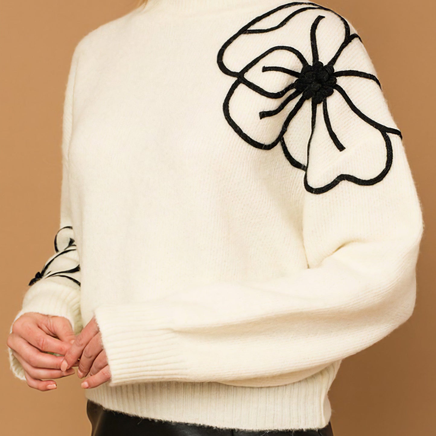 Flower Embroidery Mock Neck Sweater