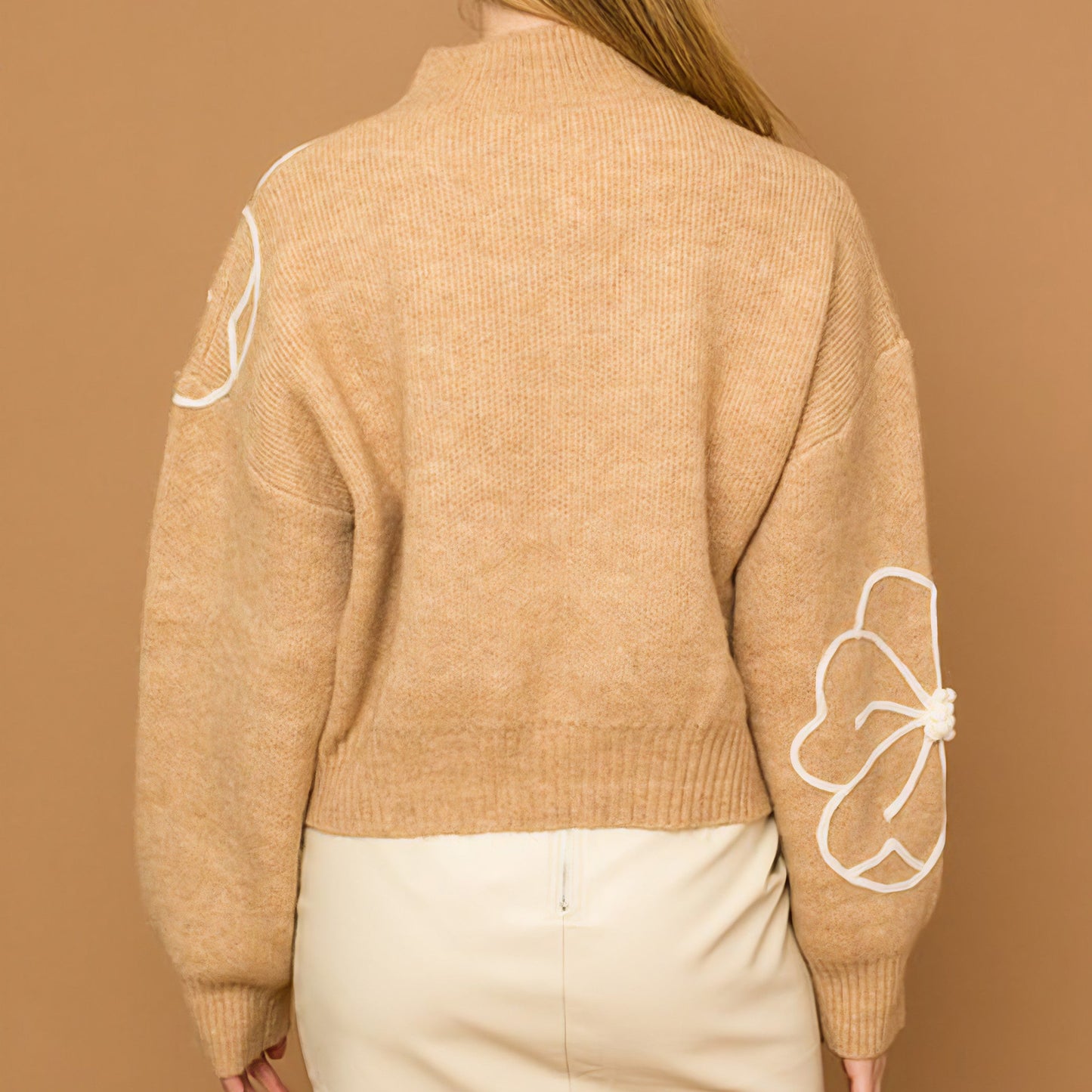Flower Embroidery Mock Neck Sweater