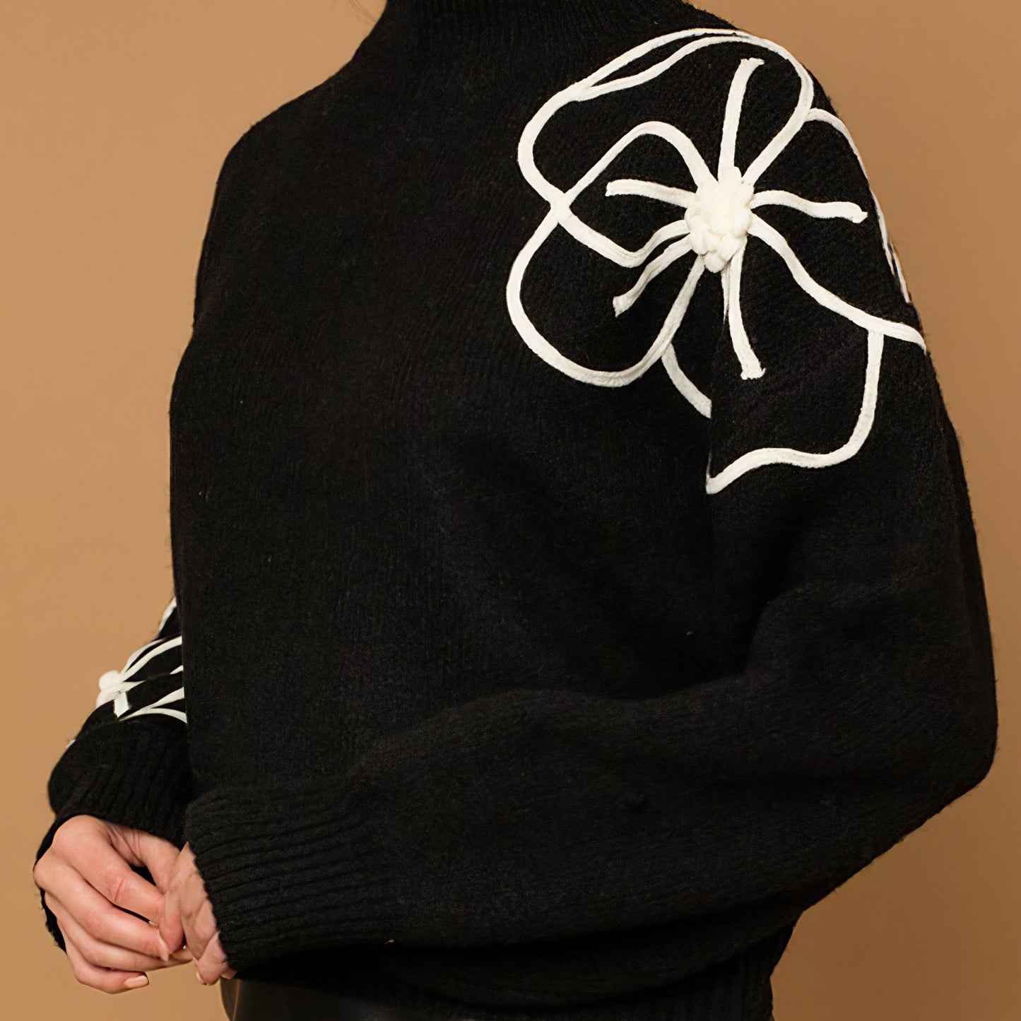 Flower Embroidery Mock Neck Sweater