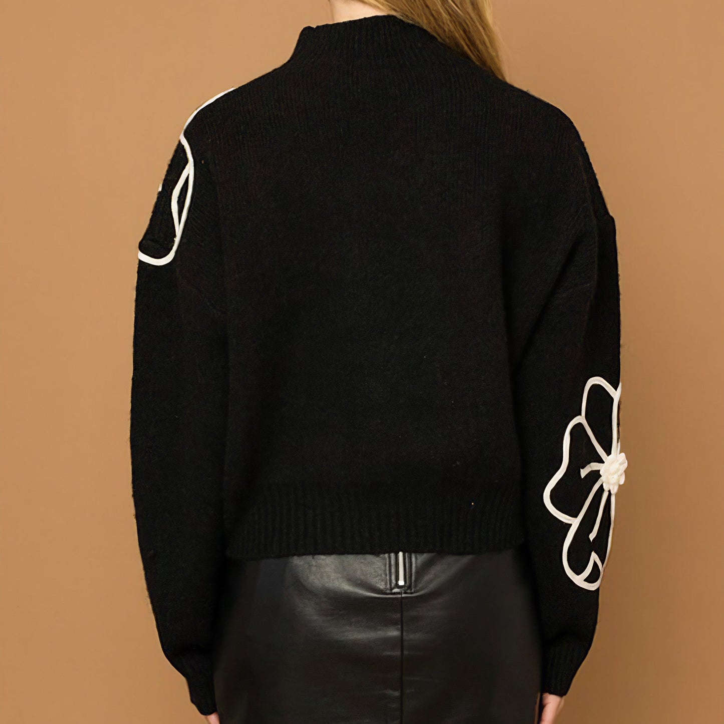 Flower Embroidery Mock Neck Sweater