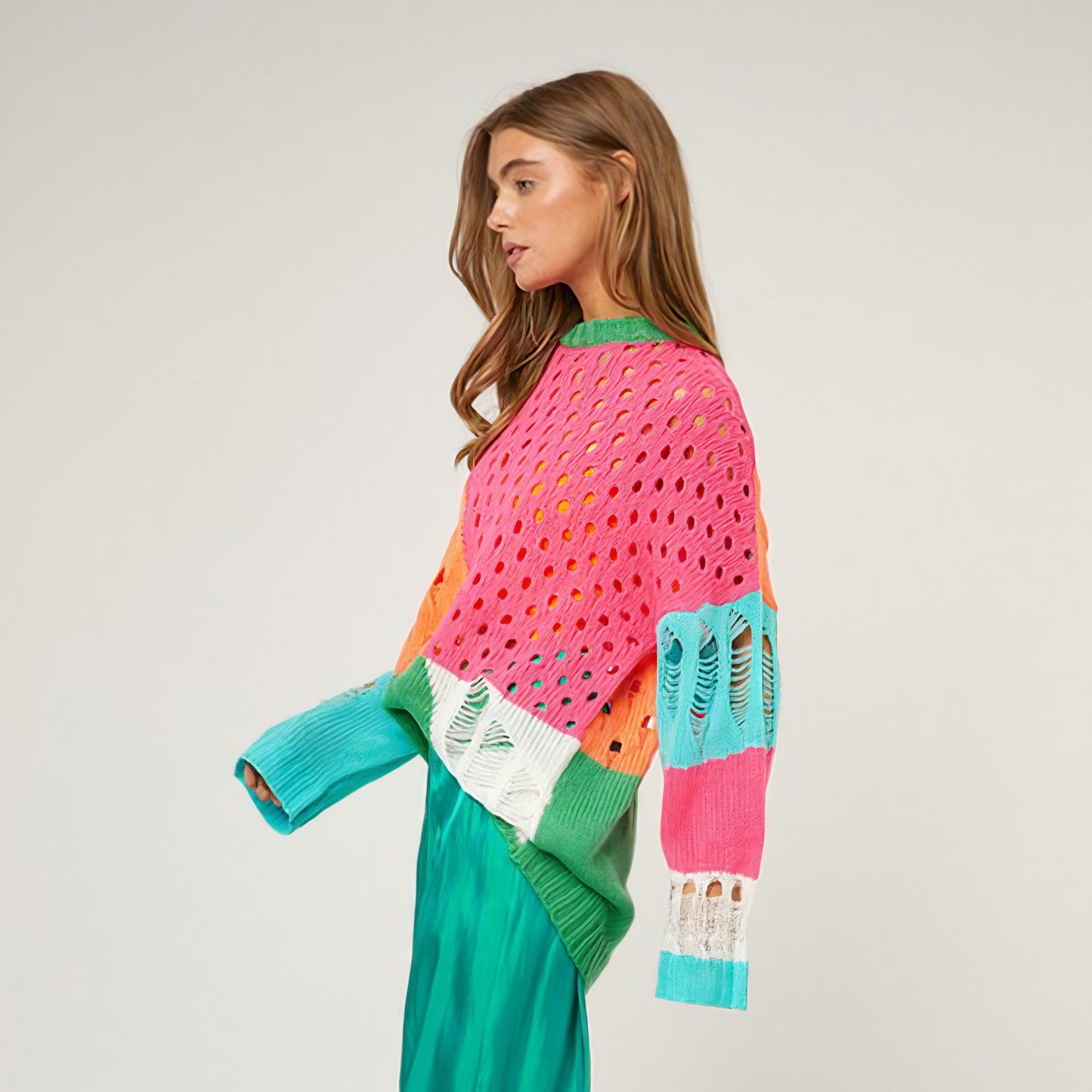 Color Block Distressed Detail Pullover Sweater
