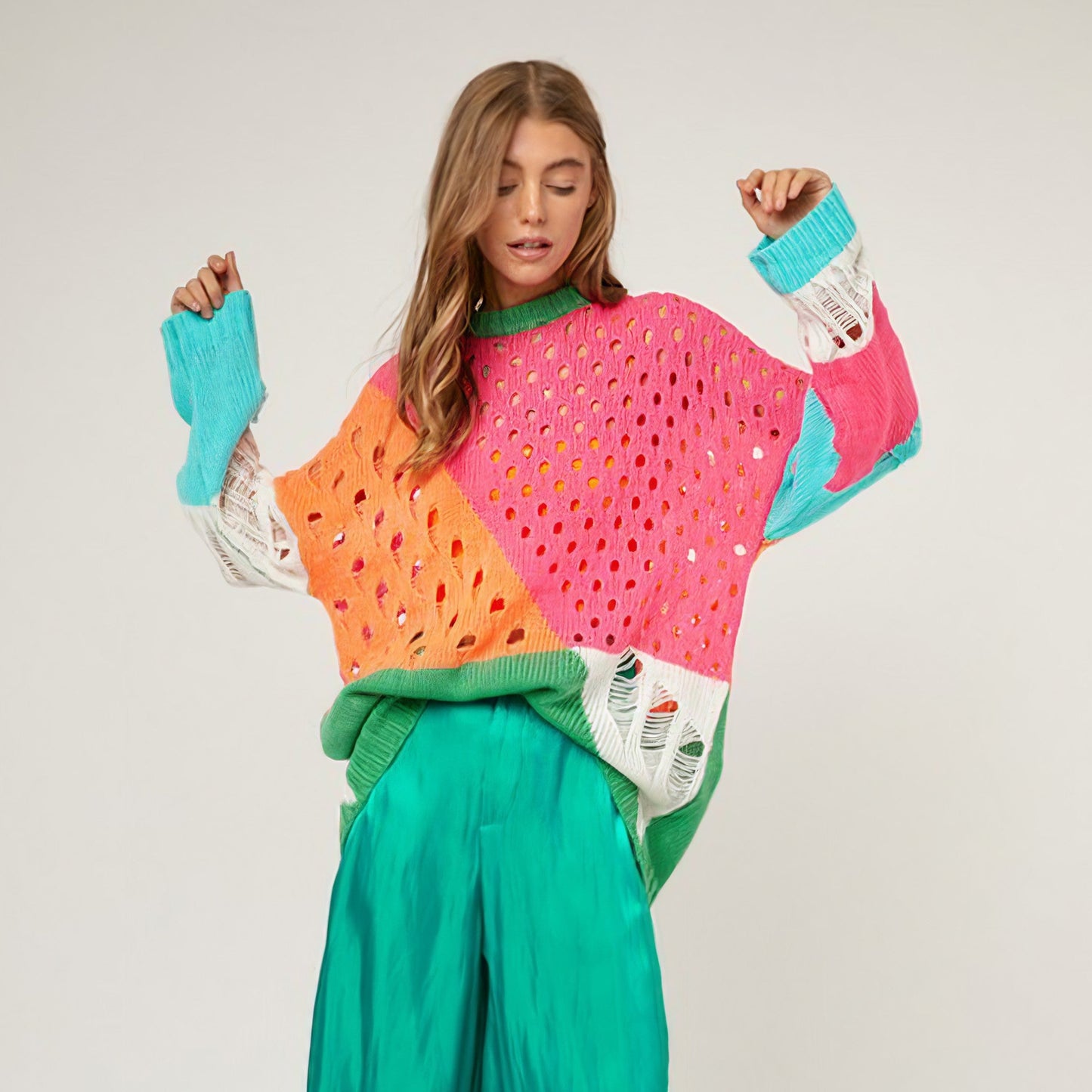 Color Block Distressed Detail Pullover Sweater