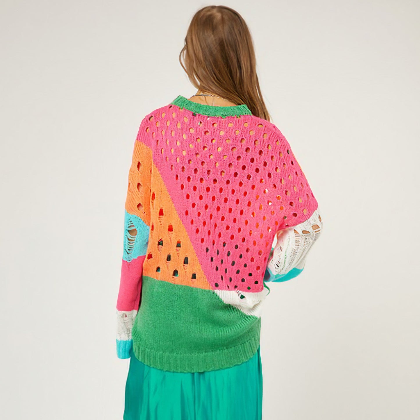 Color Block Distressed Detail Pullover Sweater