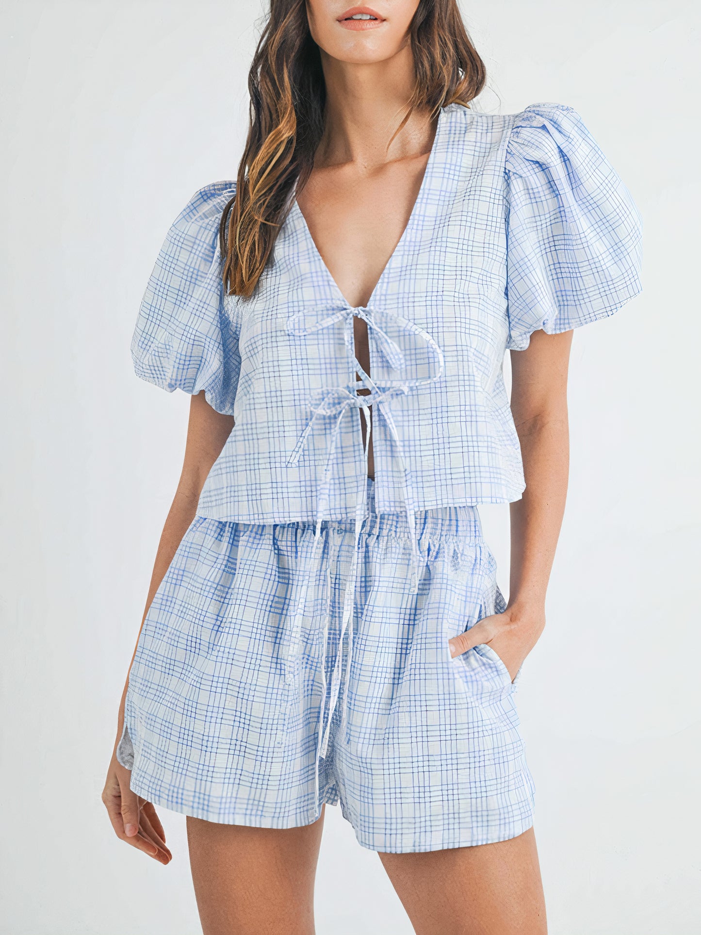 Plaid Puff Sleeve Set