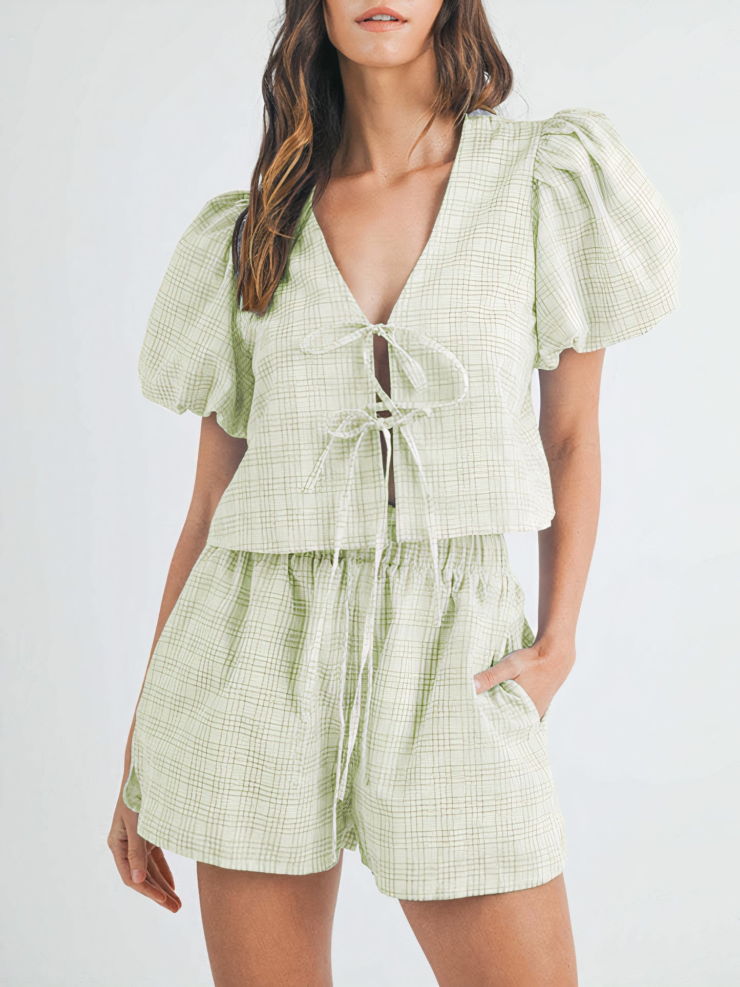 Plaid Puff Sleeve Set