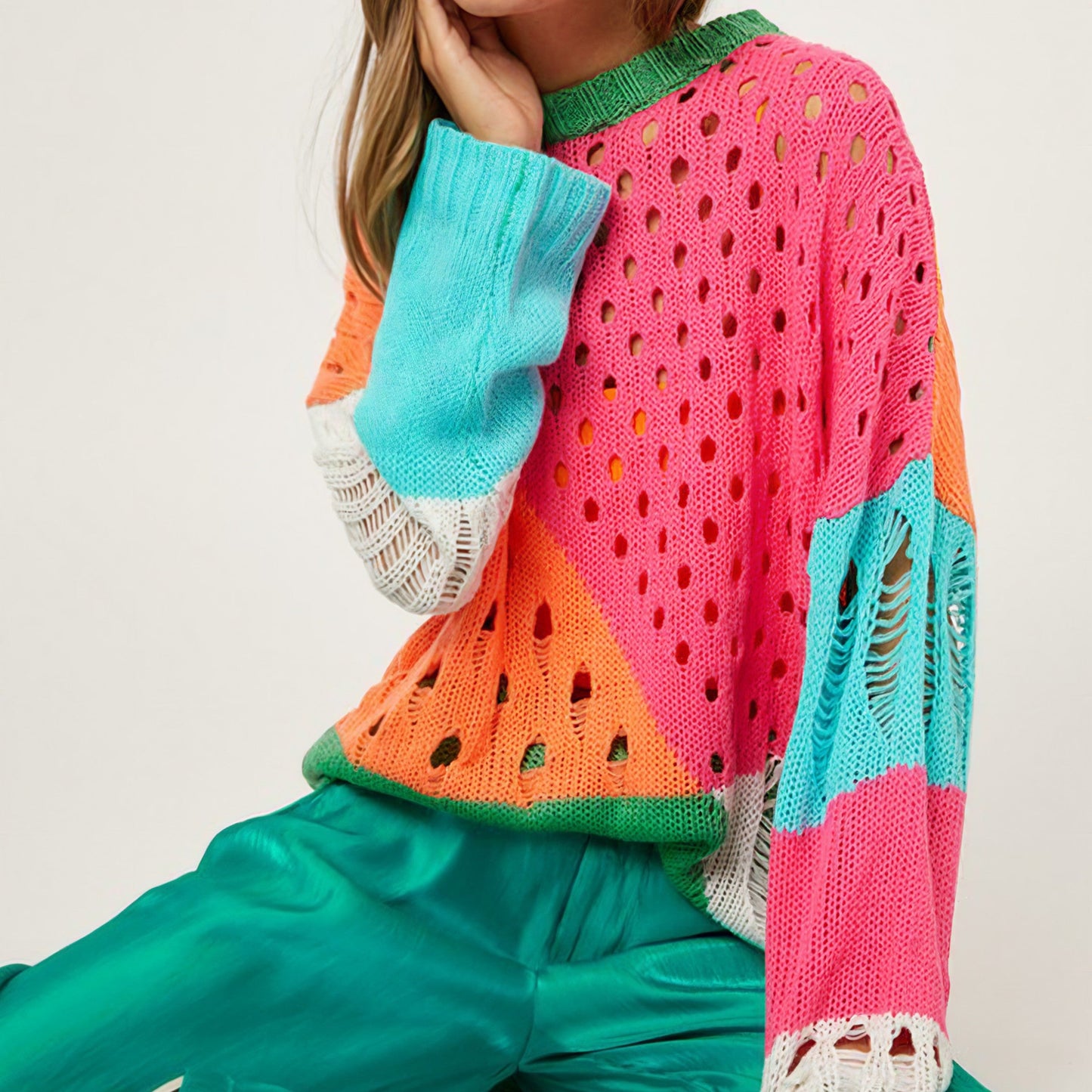 Color Block Distressed Detail Pullover Sweater