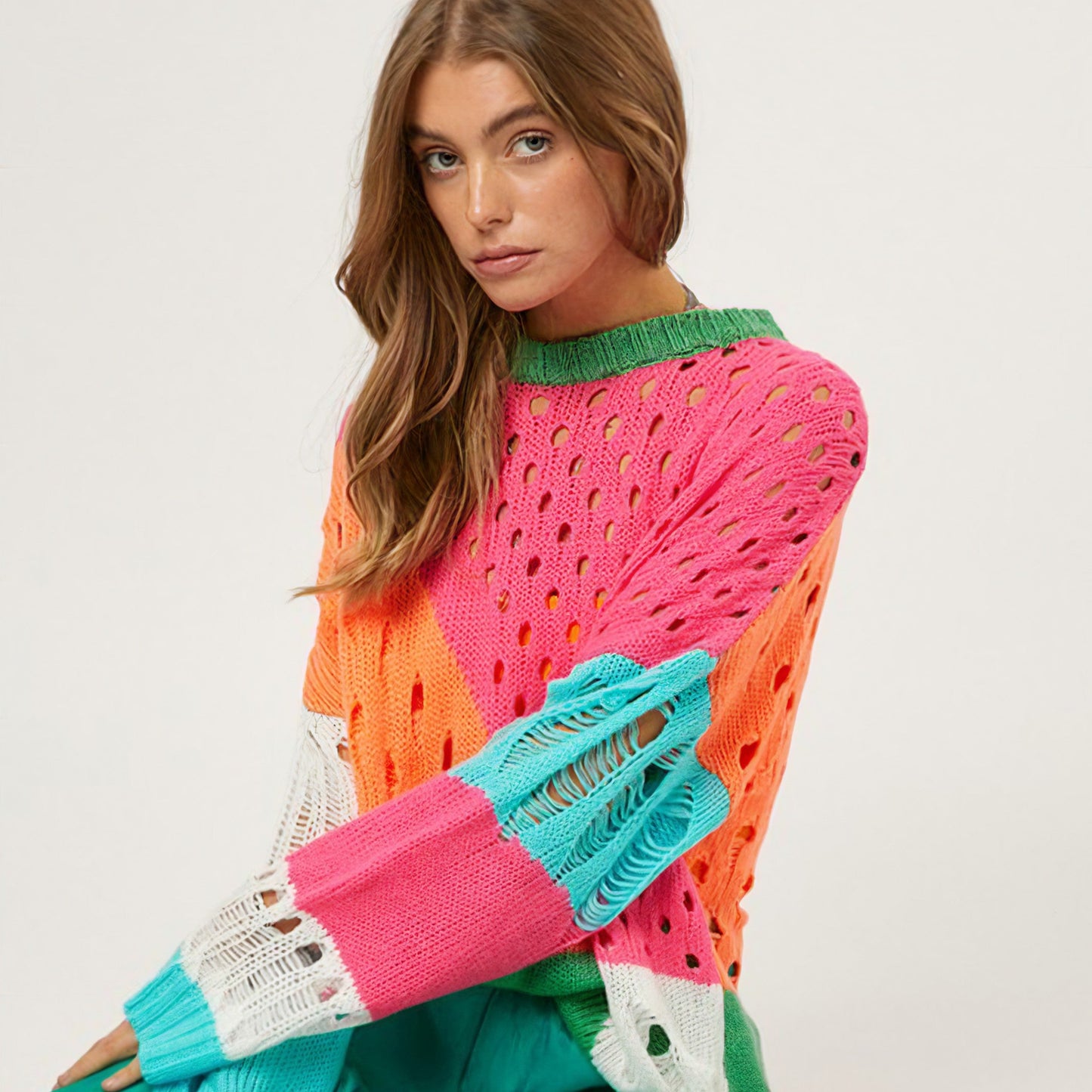 Color Block Distressed Detail Pullover Sweater