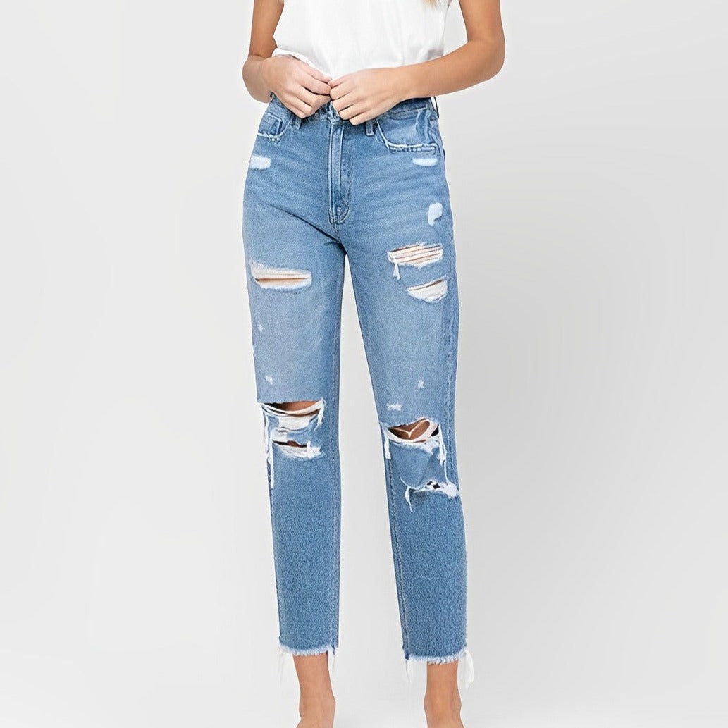Distressed Raw Hem Mom Jeans