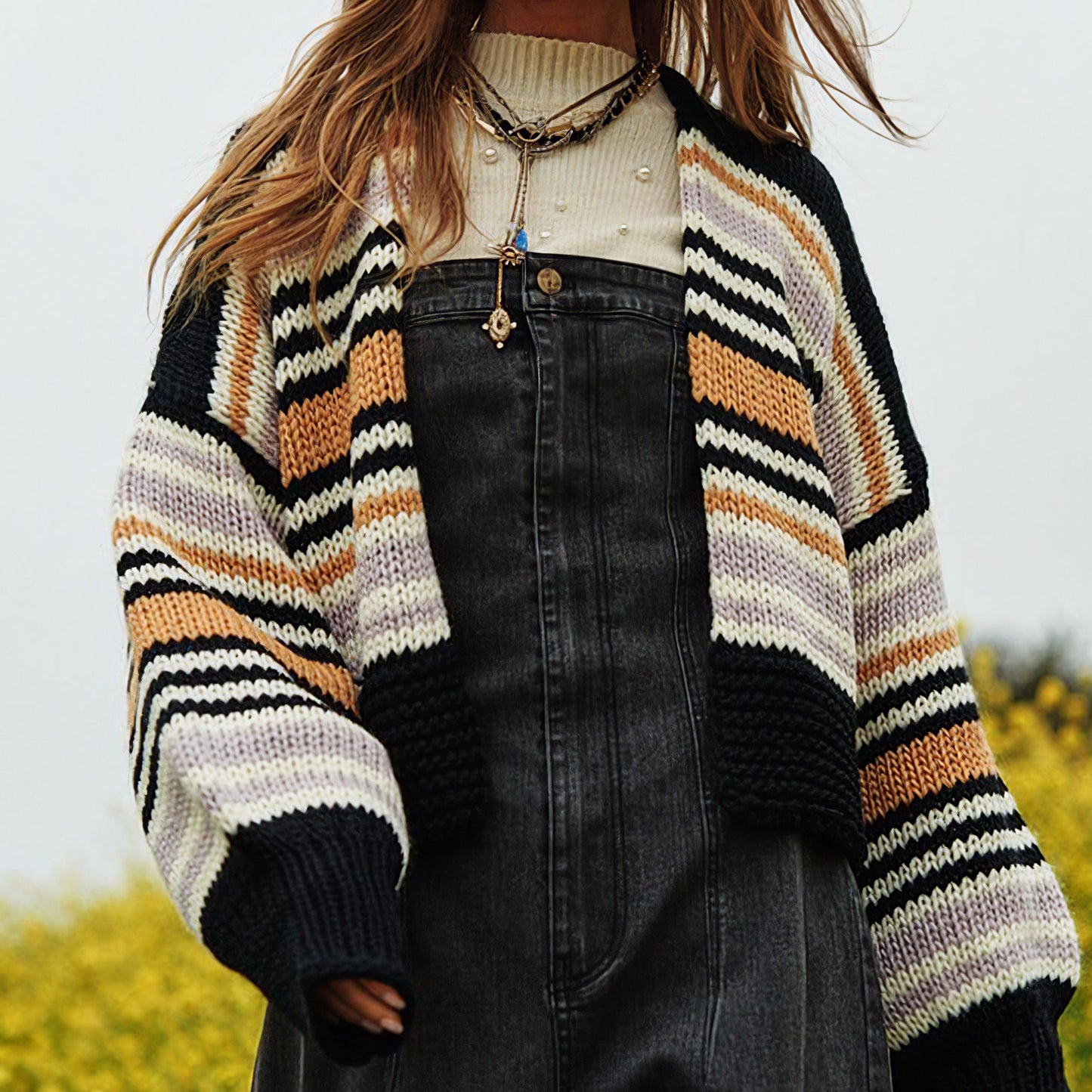 Chunky Knit Multi-Striped Open Sweater Cardigan