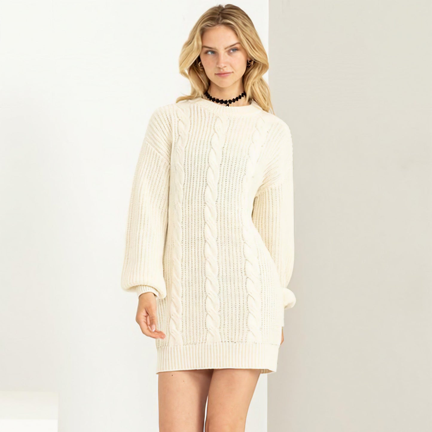 Cable-Knit Ribbed Mini Sweater Dress