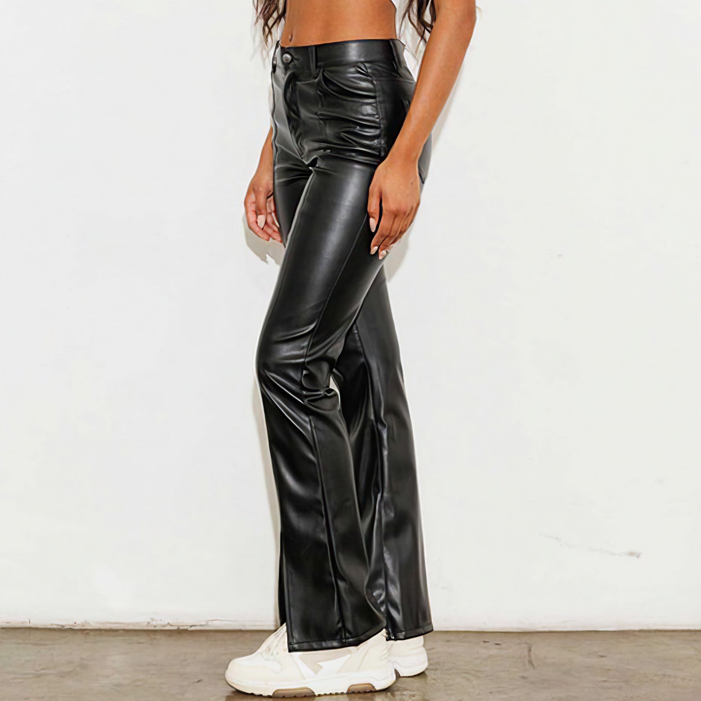 Vegan Leather Front Slit Bootcut Pants - Black