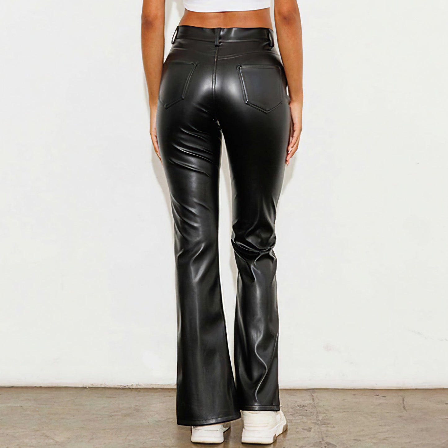 Vegan Leather Front Slit Bootcut Pants - Black