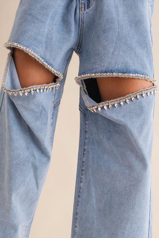 Washed Cut Front Rhinestone Jeans