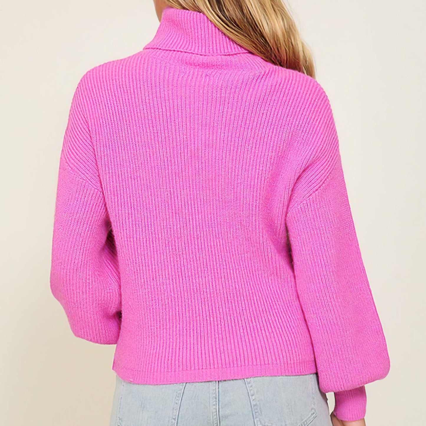 Rib Knitted Turtleneck Sweater with Bishop Sleeves