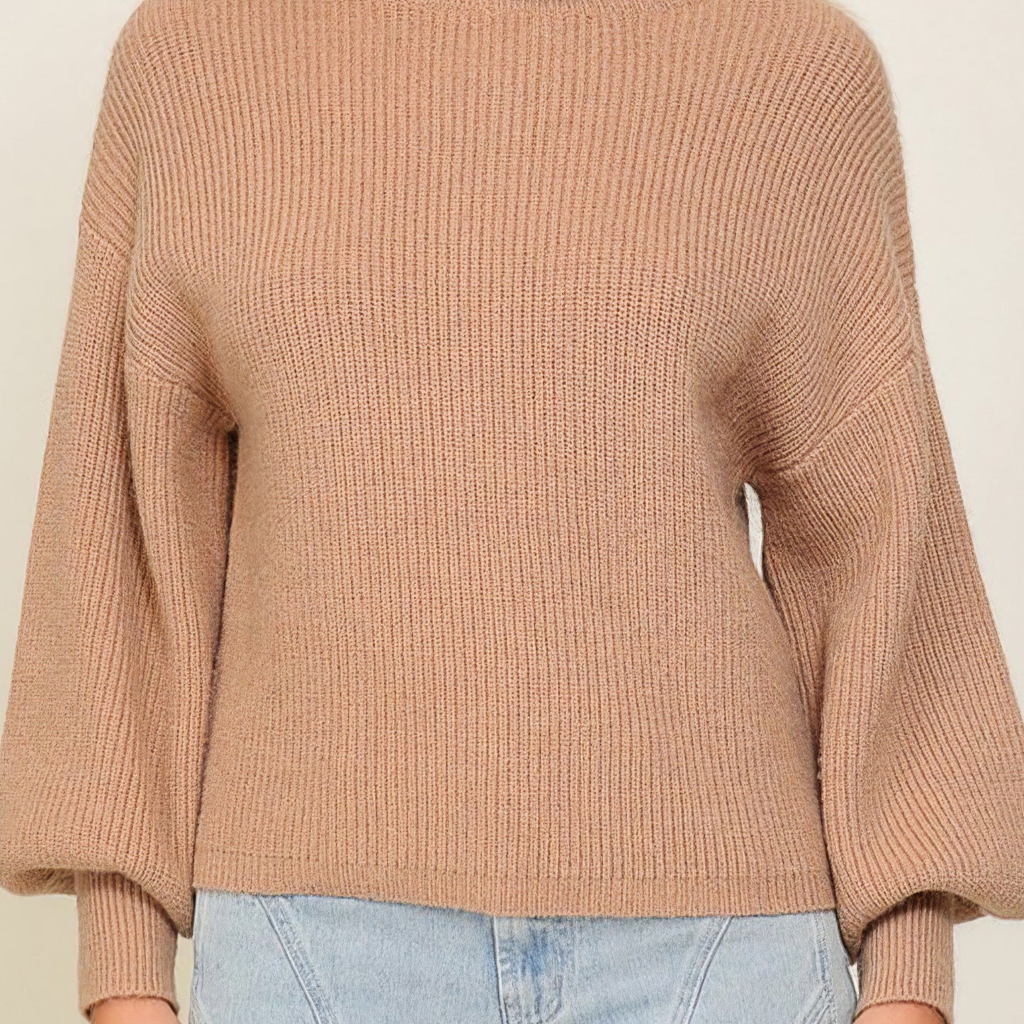 Rib Knitted Turtleneck Sweater with Bishop Sleeves