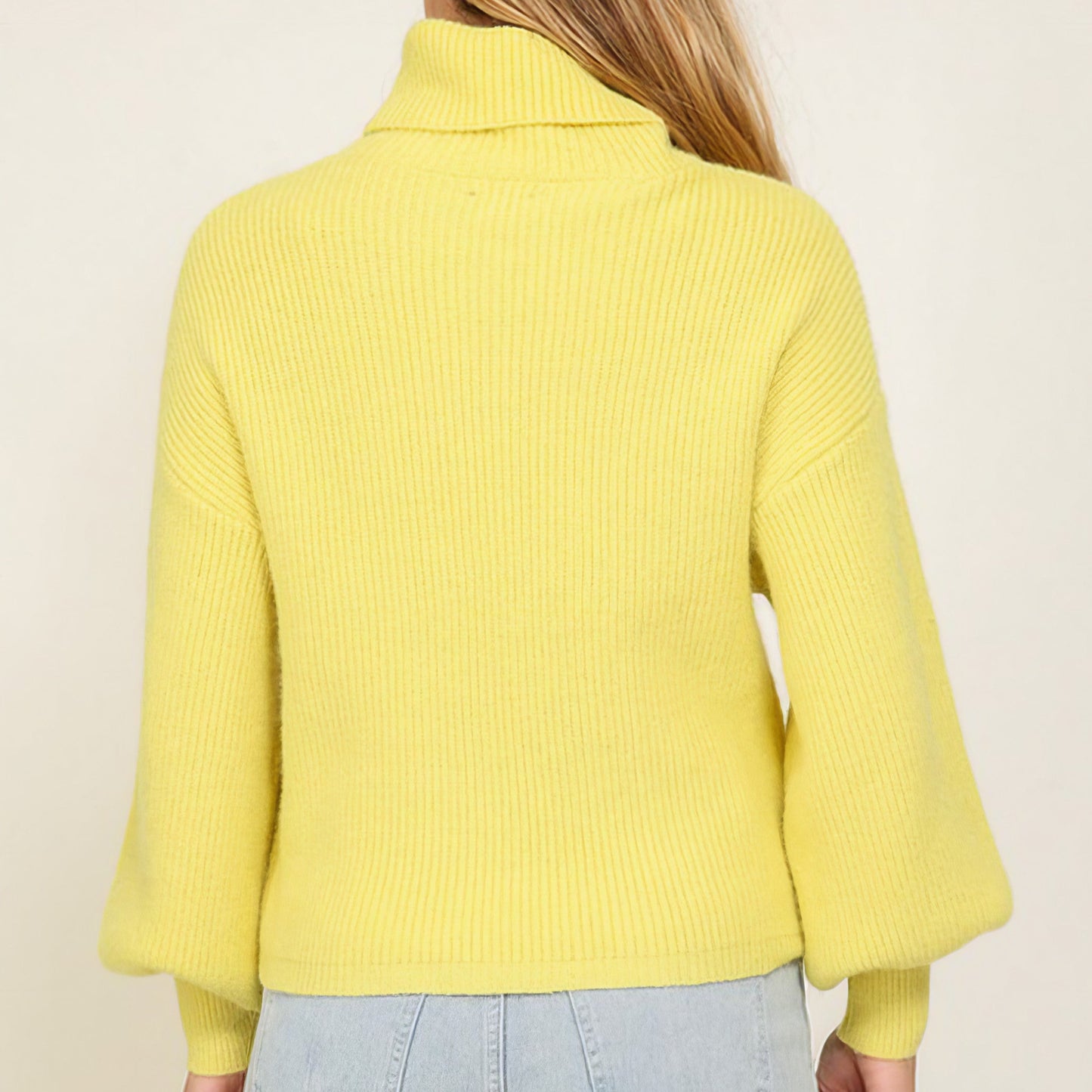 Rib Knitted Turtleneck Sweater with Bishop Sleeves