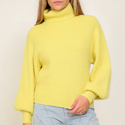 Rib Knitted Turtleneck Sweater with Bishop Sleeves