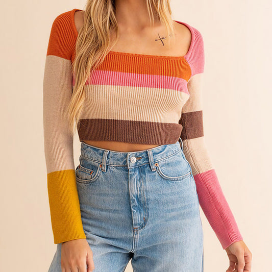 Long Sleeve Color Block Stripe Knit Top