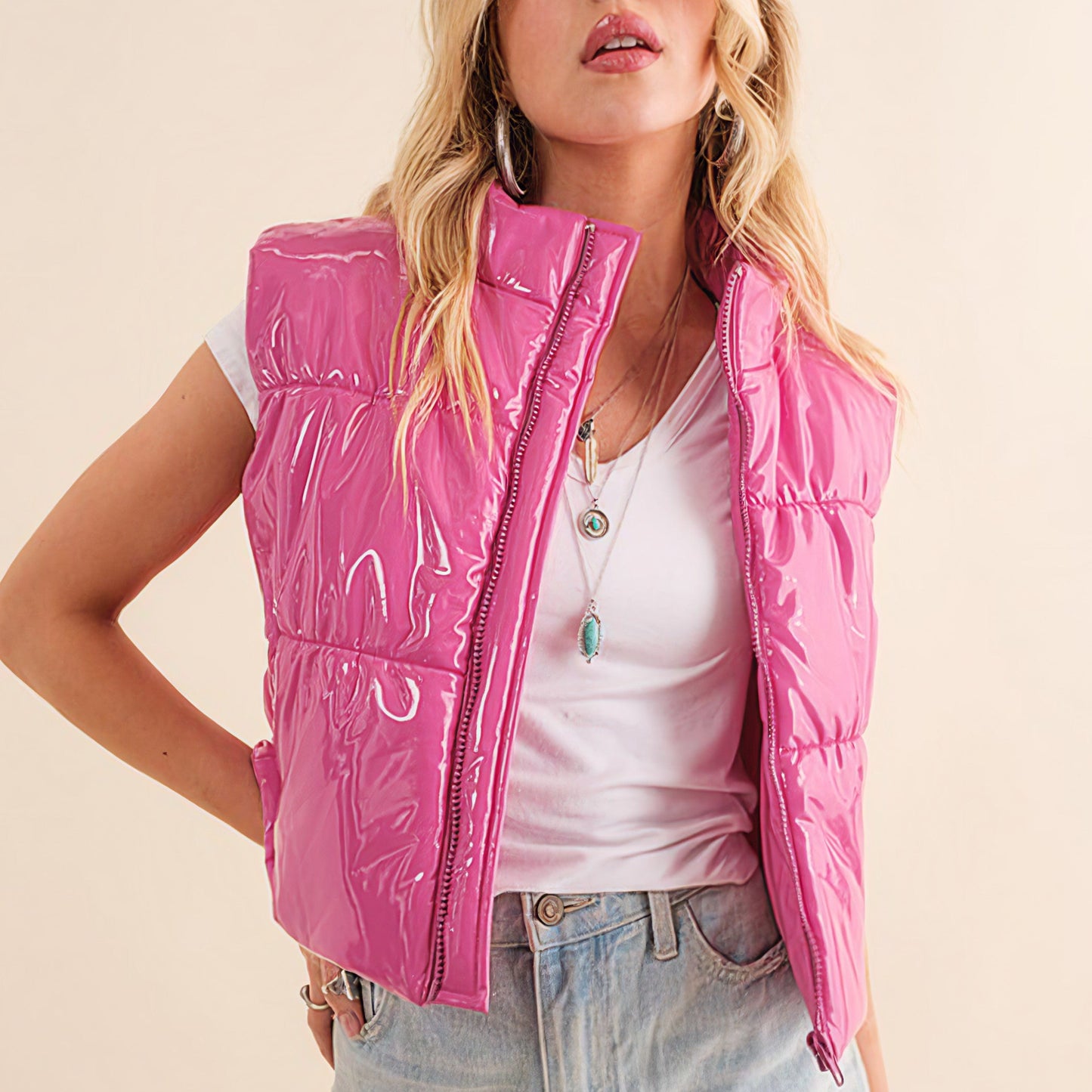 Gloss Quilted Puffer Zip Up Crop Vest