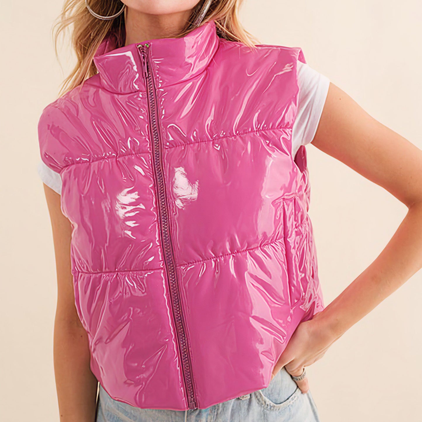 Gloss Quilted Puffer Zip Up Crop Vest