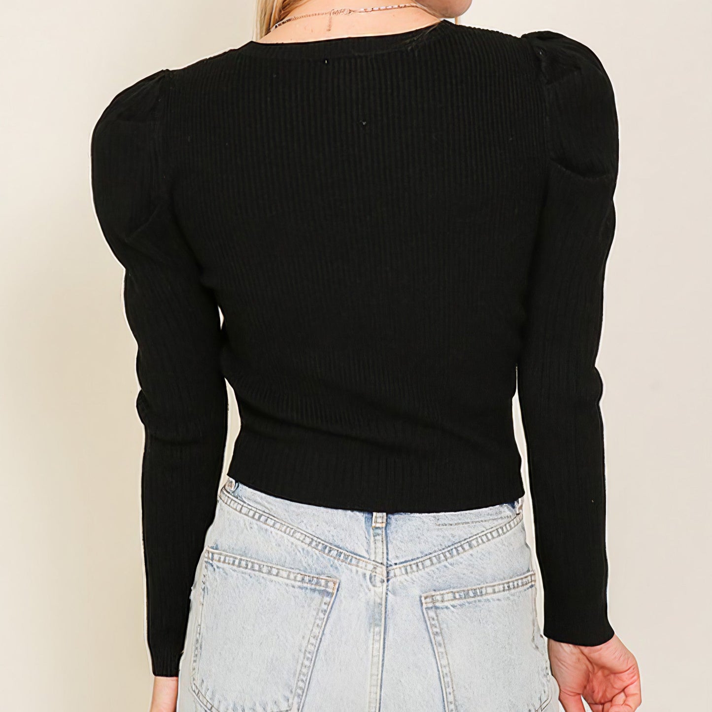 Ribbed Puff Sleeve Knit Top