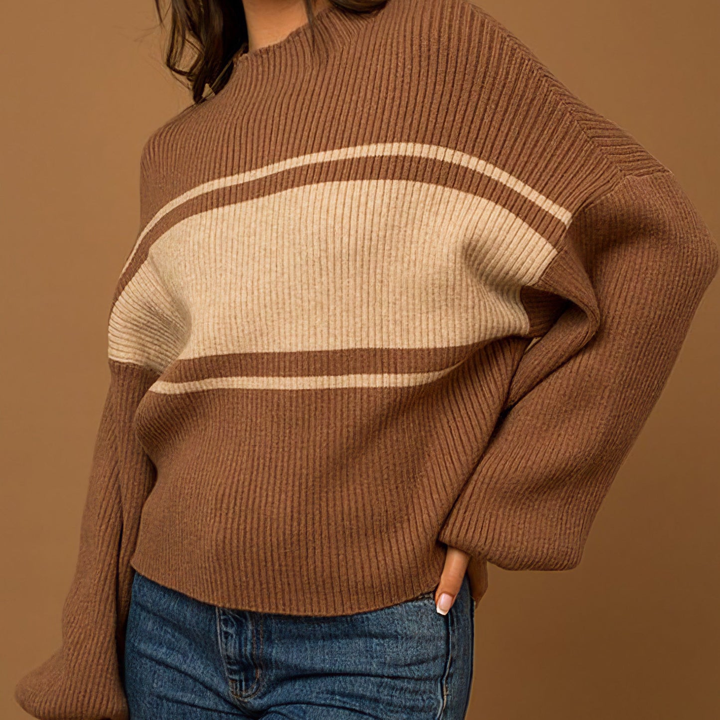 Contrast Stripe Mock Neck Sweater