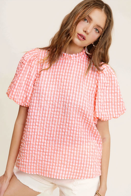 Gingham Check Puff Sleeve Top
