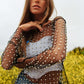 Bead and Pearl Embellished Long Sleeve Mesh Top