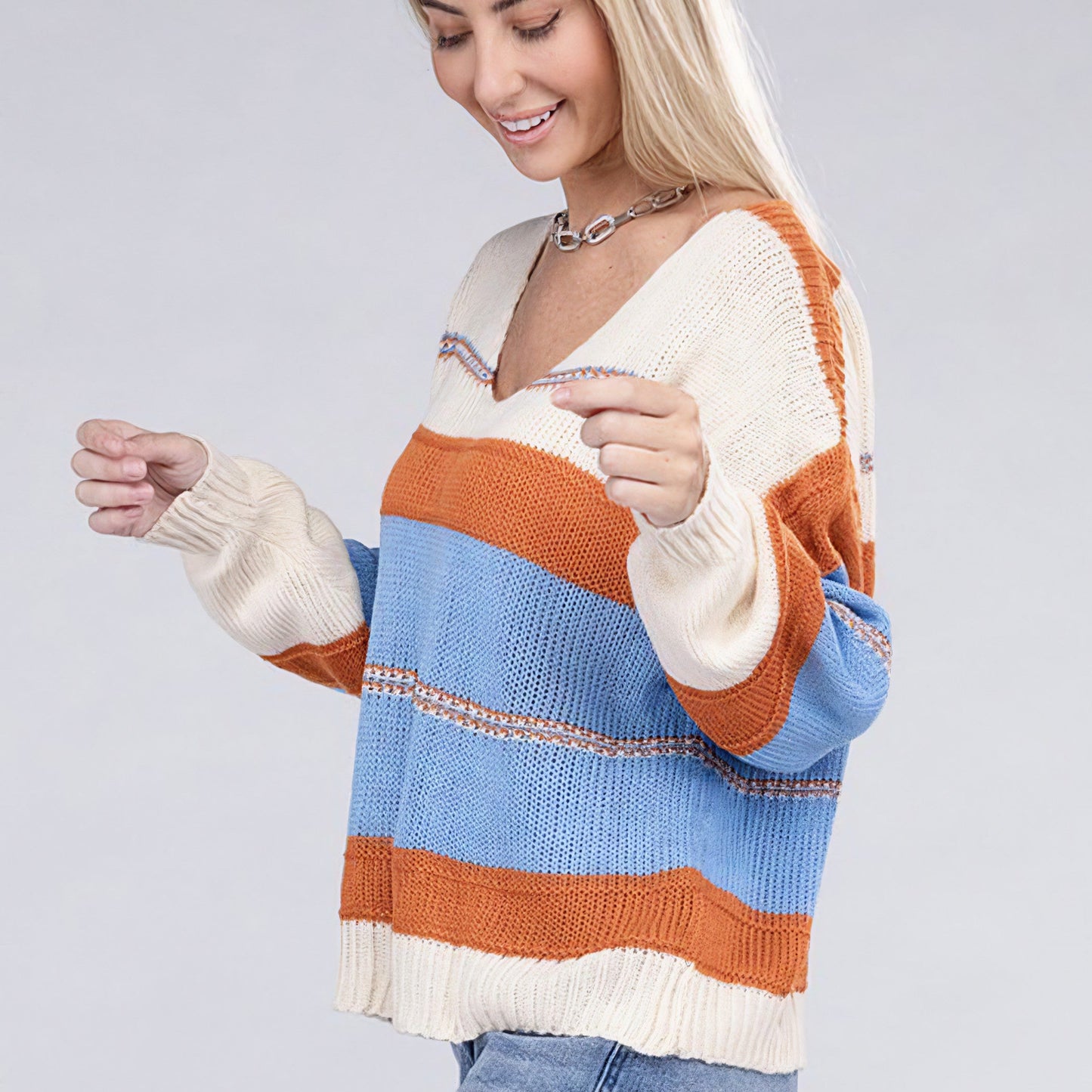 Striped pattern Knit  V Neck Sweater