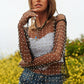 Bead and Pearl Embellished Long Sleeve Mesh Top