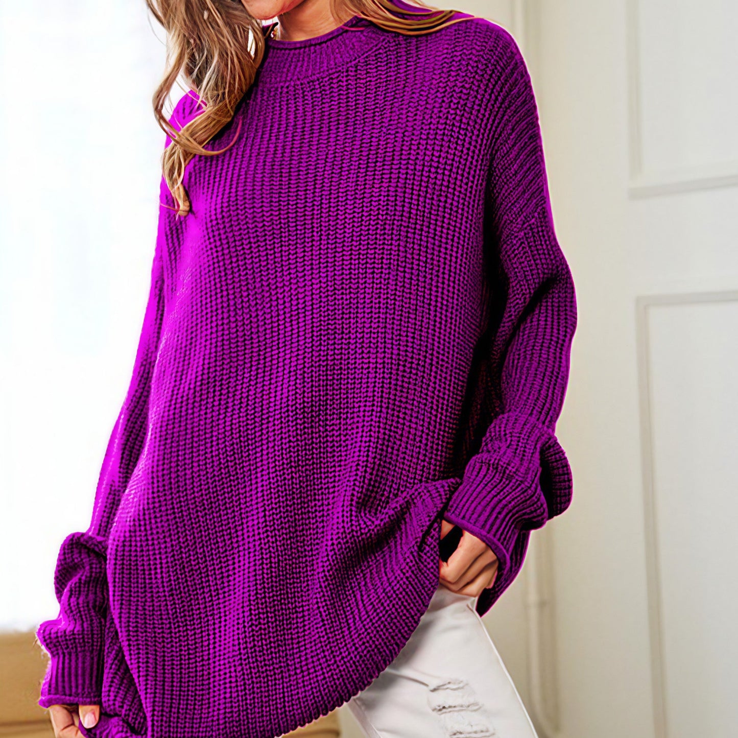 Solid Mock Neck Long Sleeve Knit Sweater