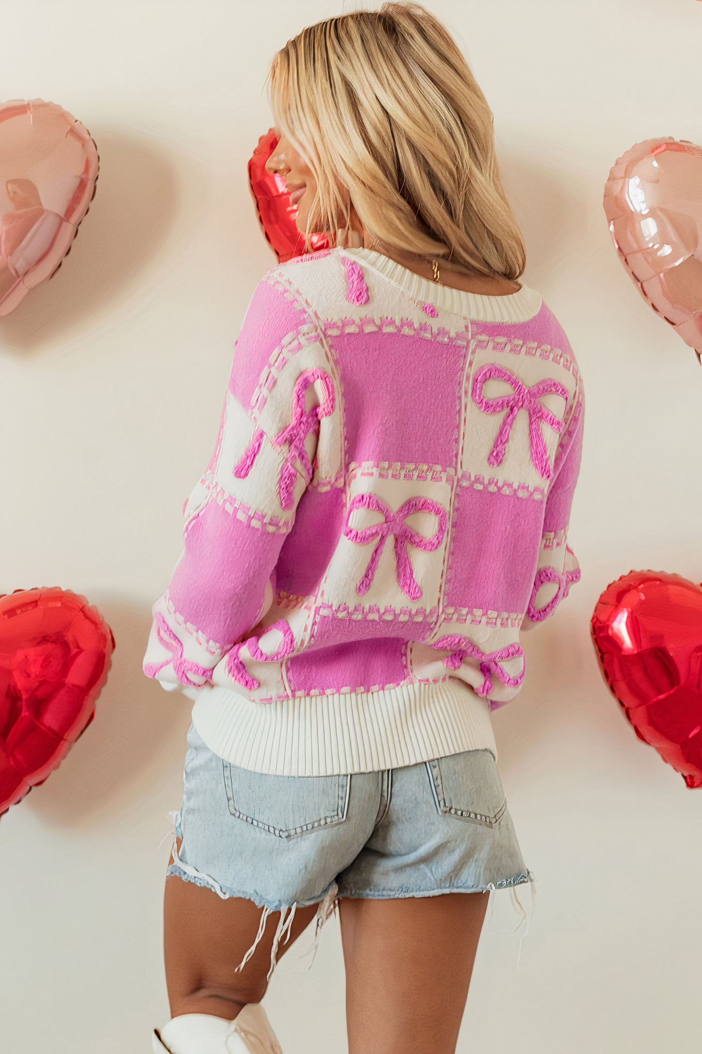 Pink Bows Two Tone Checkered Sweater