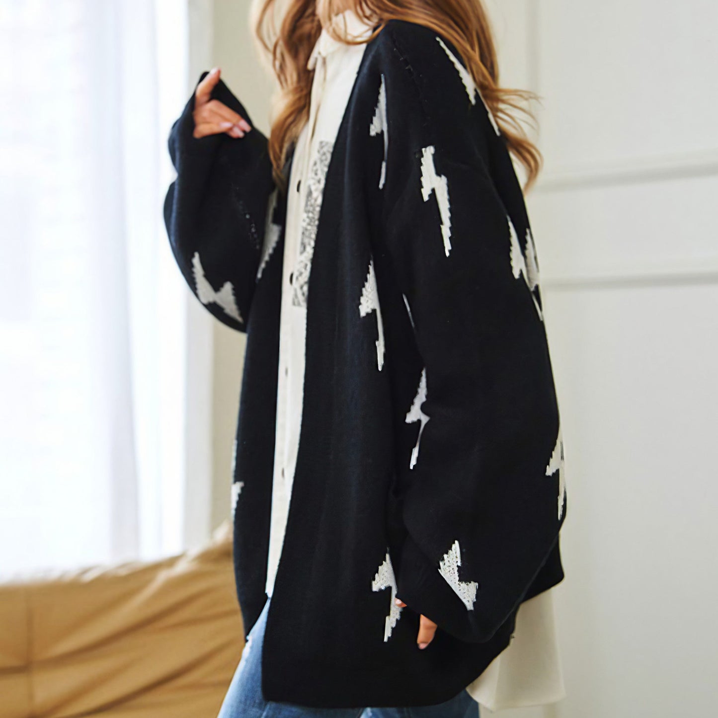 Lightning Bolt Oversized Open Sweater Cardigan