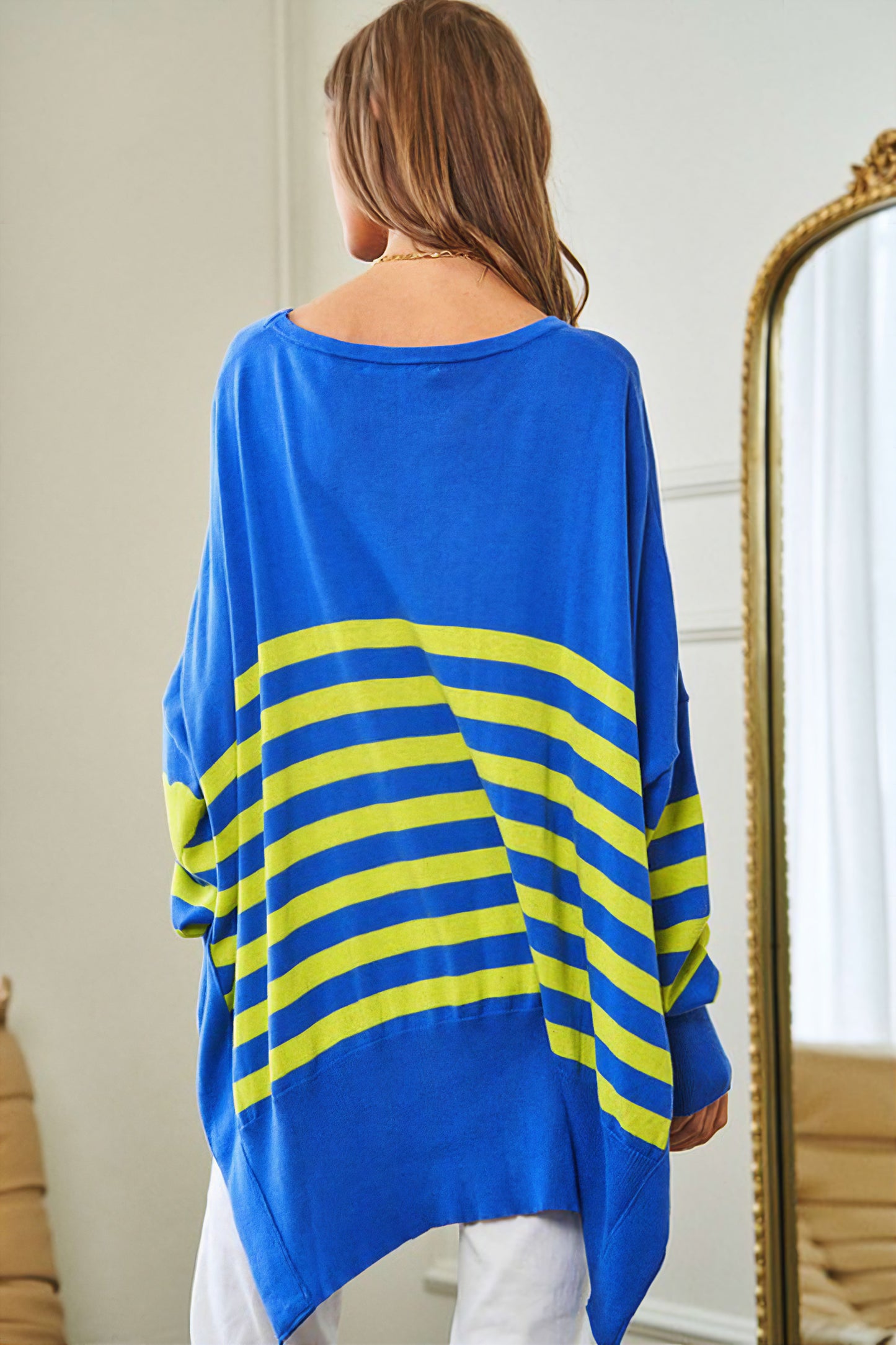 Multi Striped Elbow Patch Loose Fit Sweater Top