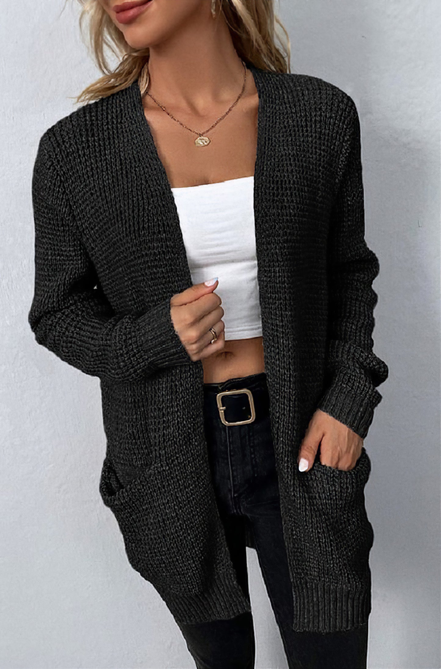 Open Front Waffle Knitted Cardigan