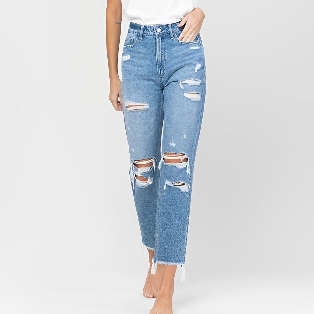 Distressed Raw Hem Mom Jeans